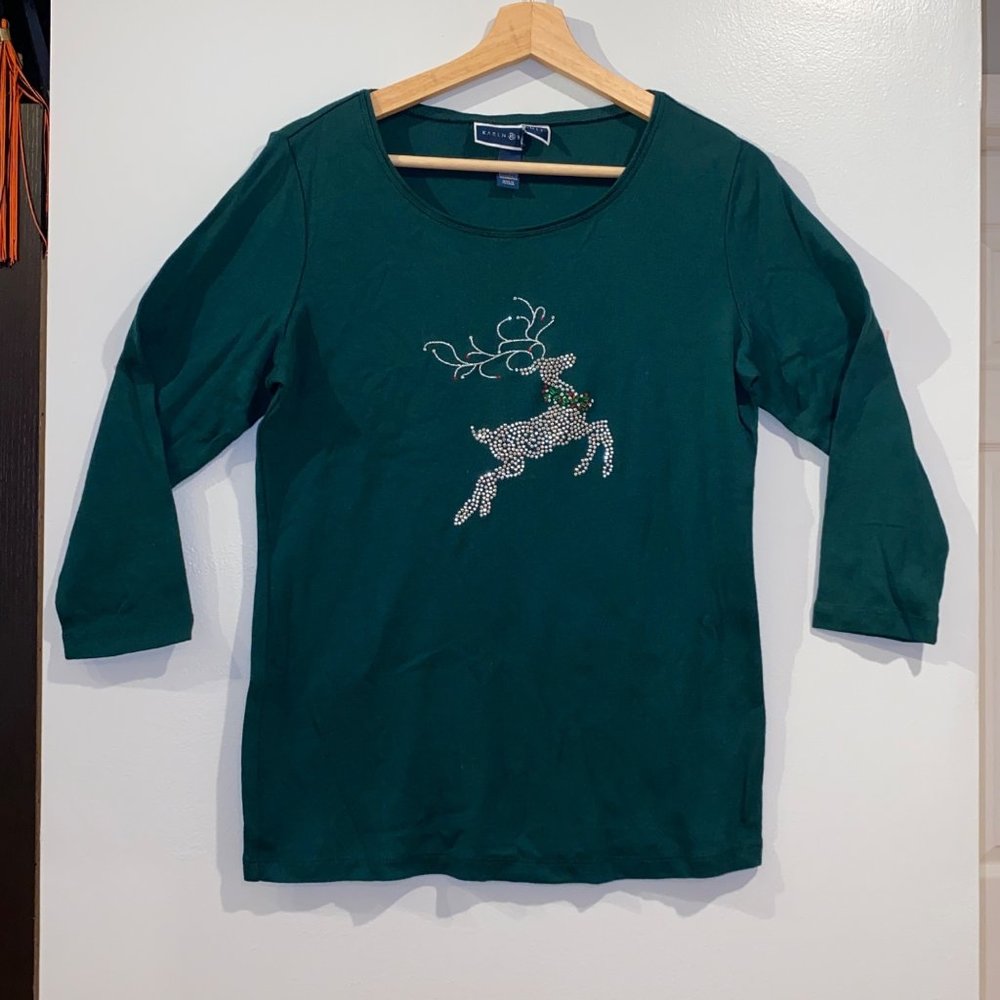 Karen Scott Rhinestone Christmas Reindeer Tee Shirt  Green Size Medium Cotton